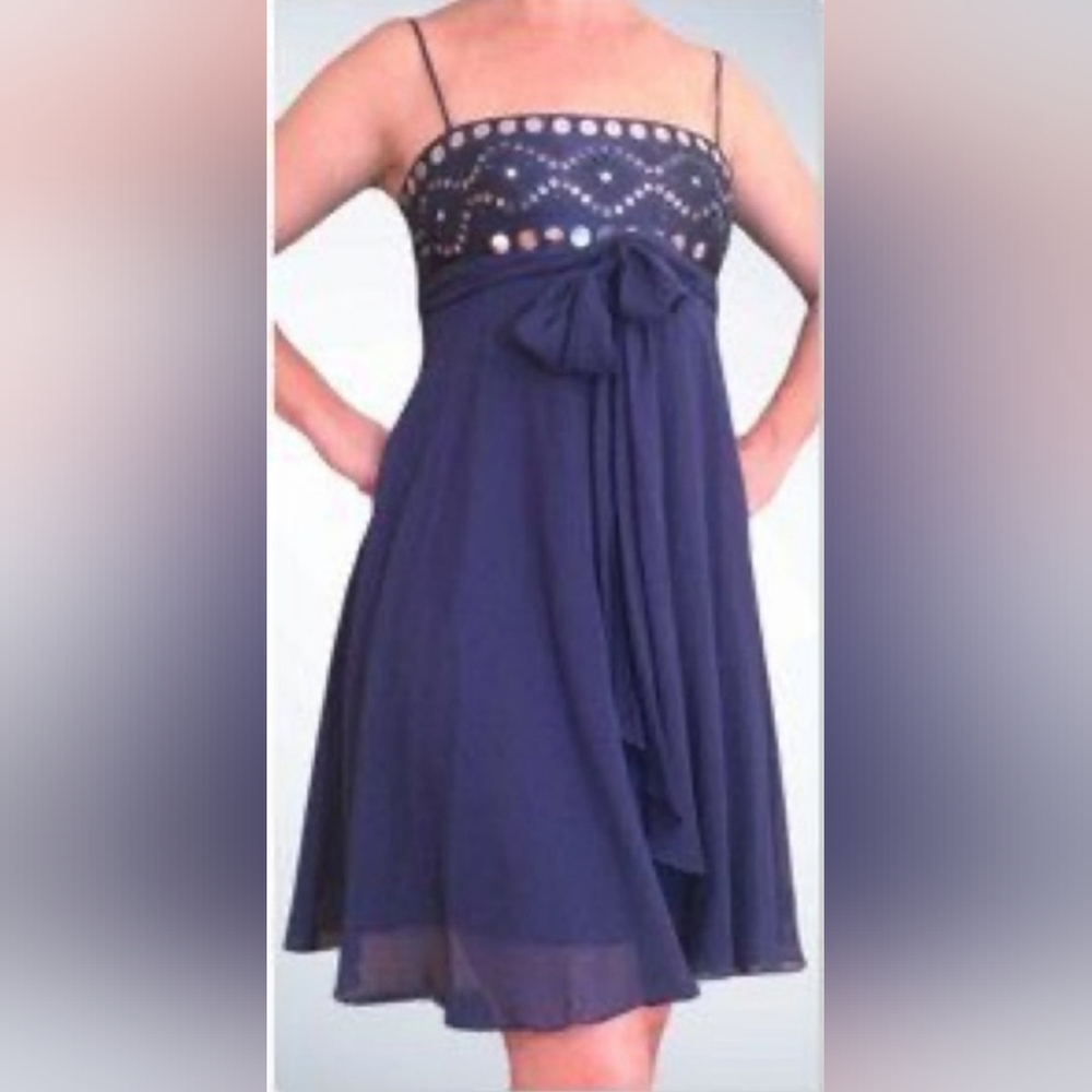 [BCBG MAXAZRIA] Navy Blue Silk SequinBeaded Babydoll Mini Dress 《6》